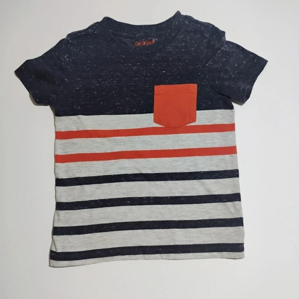 Cat & Jack Boys Striped Pocket Tee 3T Navy Orange Gray Short Sleeve Shirt